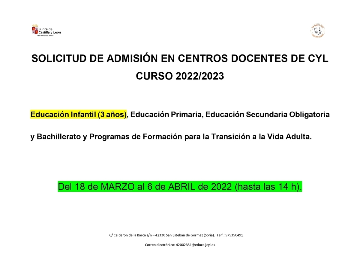 Abierto el plazo de admisión curso 2022/2023 en centros educativos