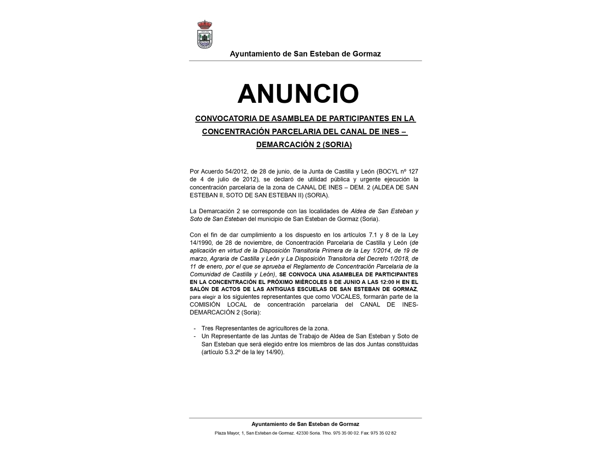 Convocatoria Asamblea Canal de Ines - Demarcación 2