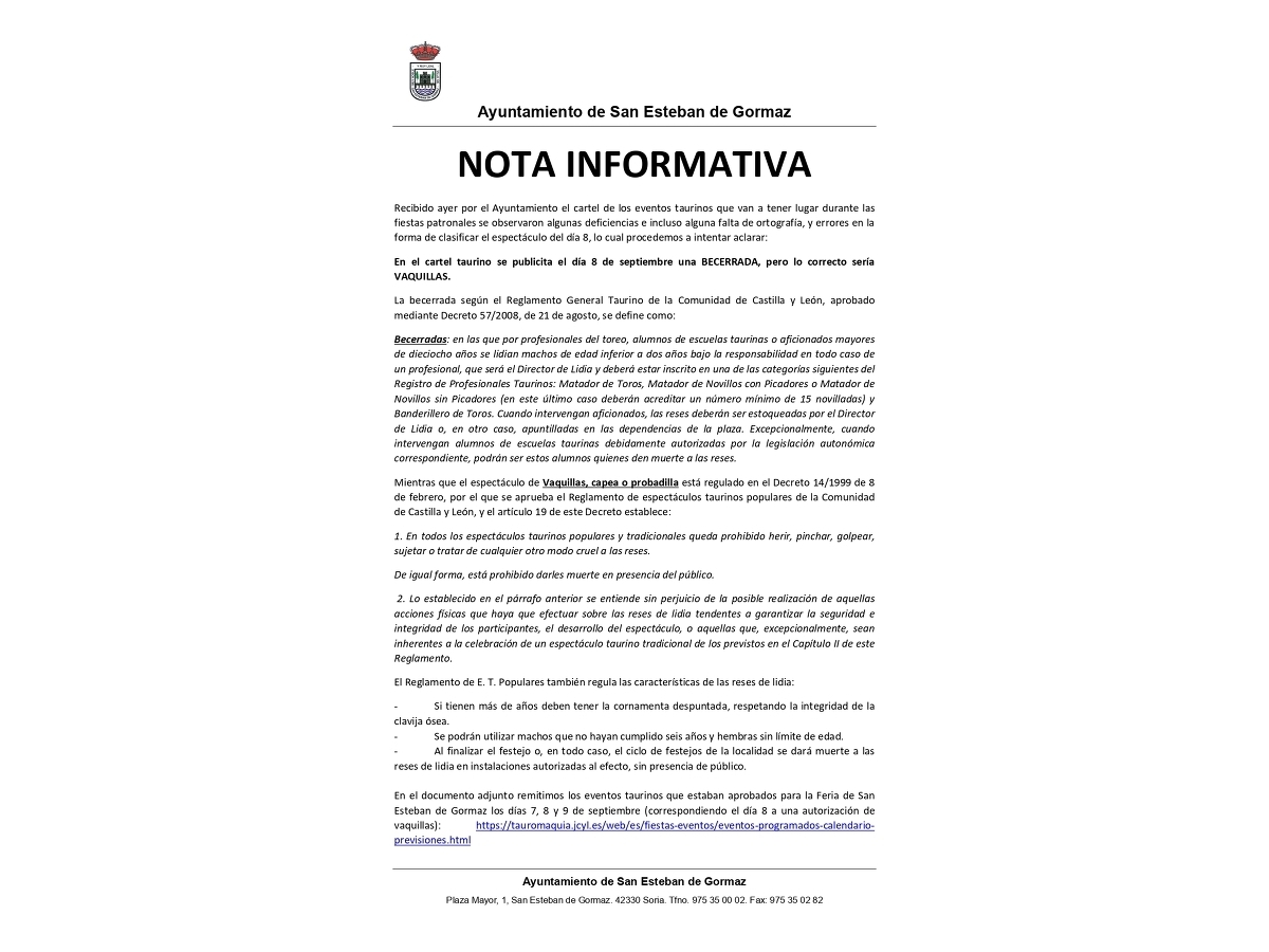 Nota informativa: espectáculo taurino día 8 de septiembre