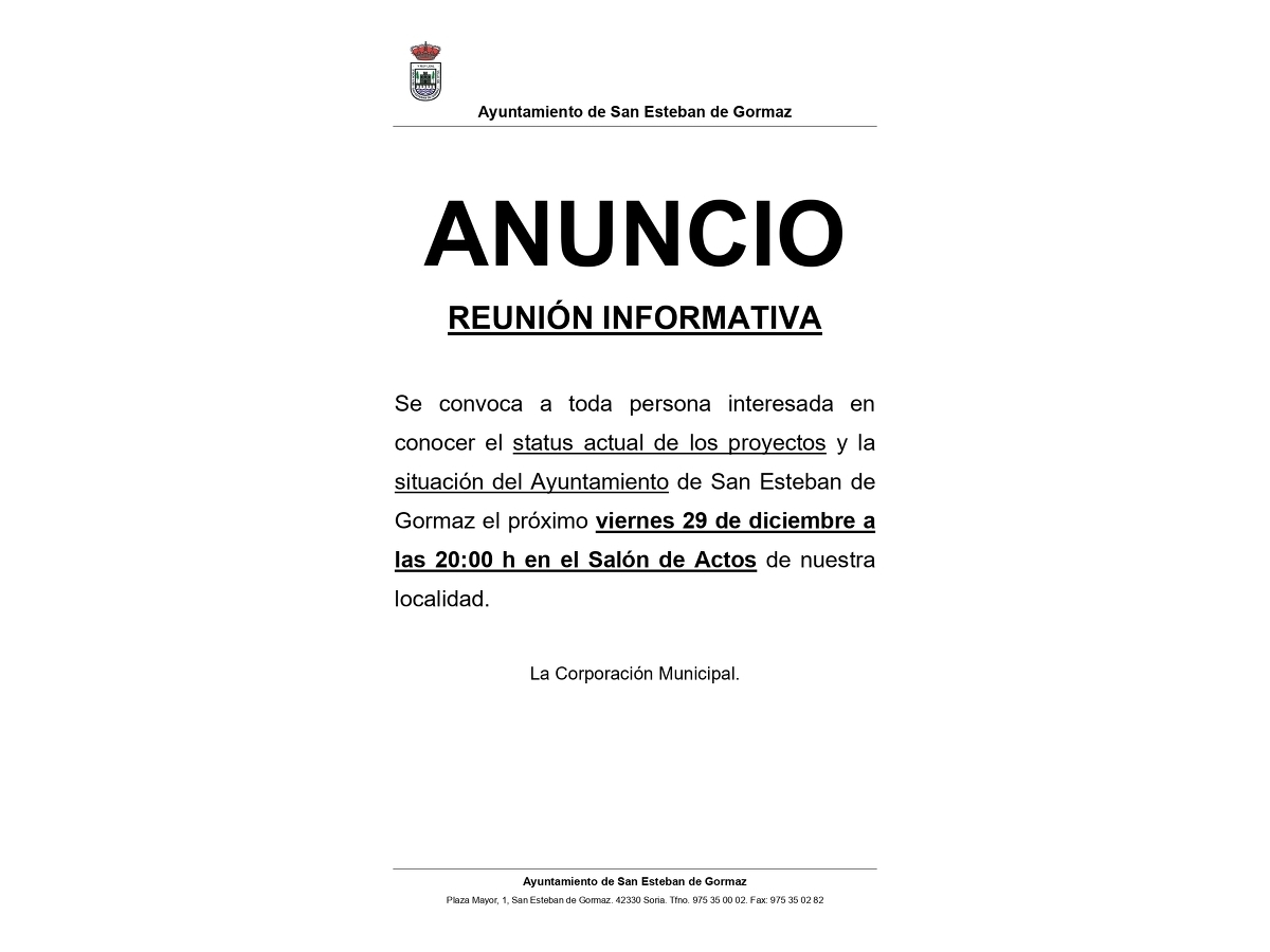 Reunión informativa: 29 de diciembre