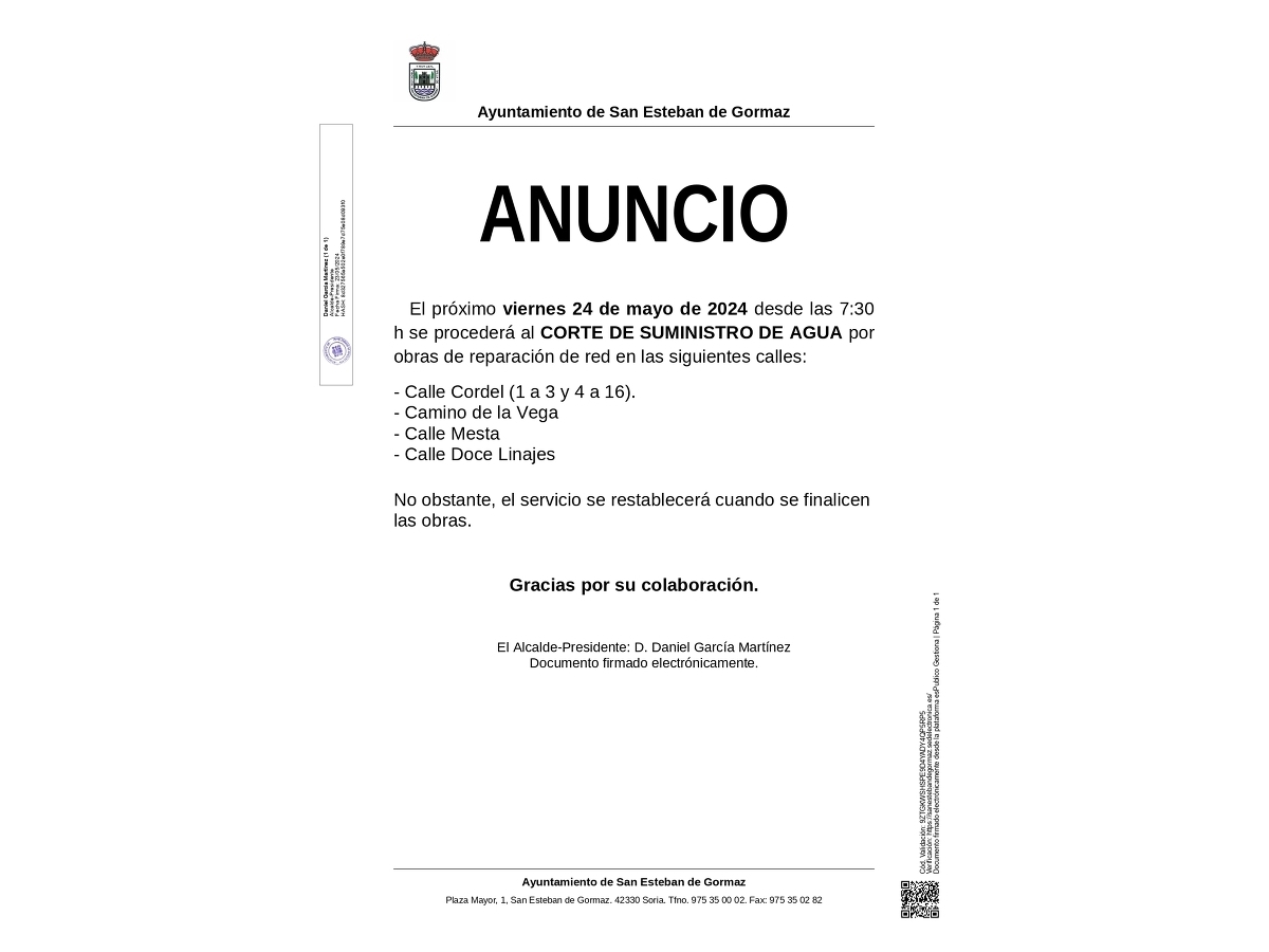 Corte de suministro de agua (24 de mayo)