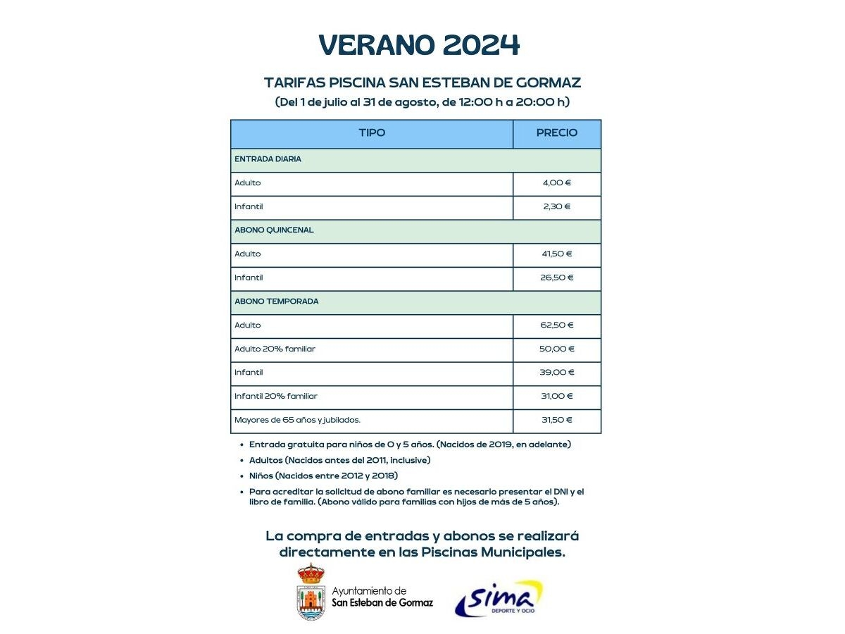 Tarifas piscinas municipales