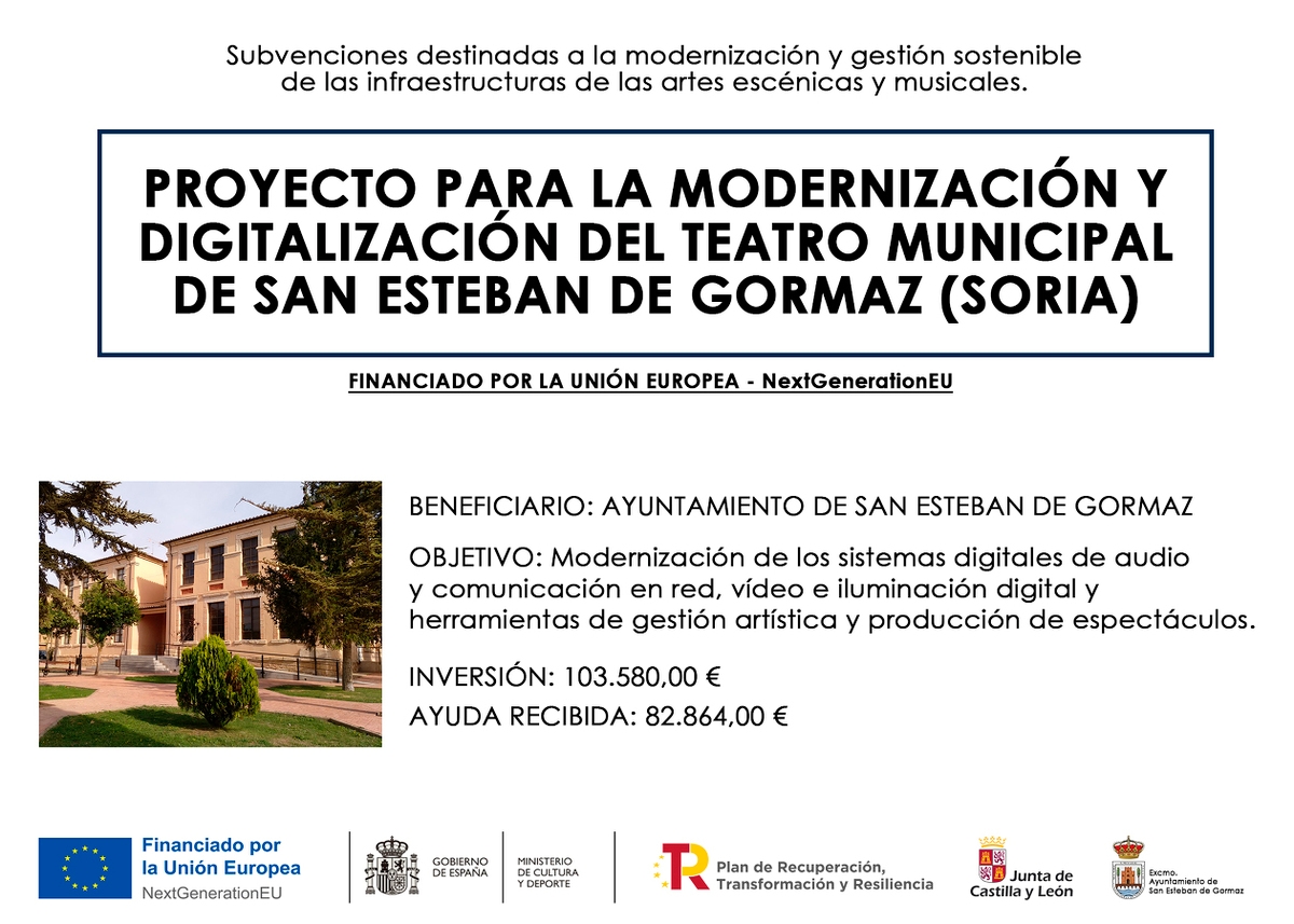 Cartel del proyecto de modernización y digitalización del Teatro Municipal de San Esteban de Gormaz, financiado por la Unión Europea NextGenerationEU
