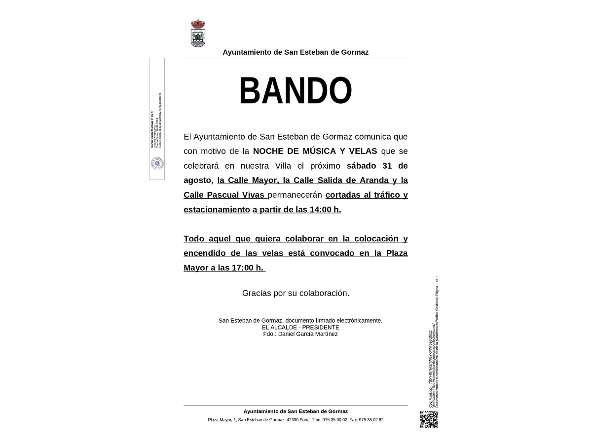 Restricciones de tráfico: Noche de música y velas